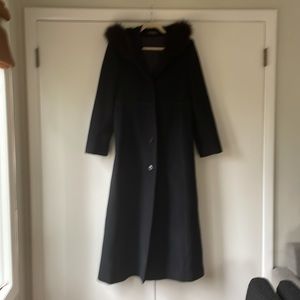 Black Wool/Cashmere Coat with Fox Trim Hood